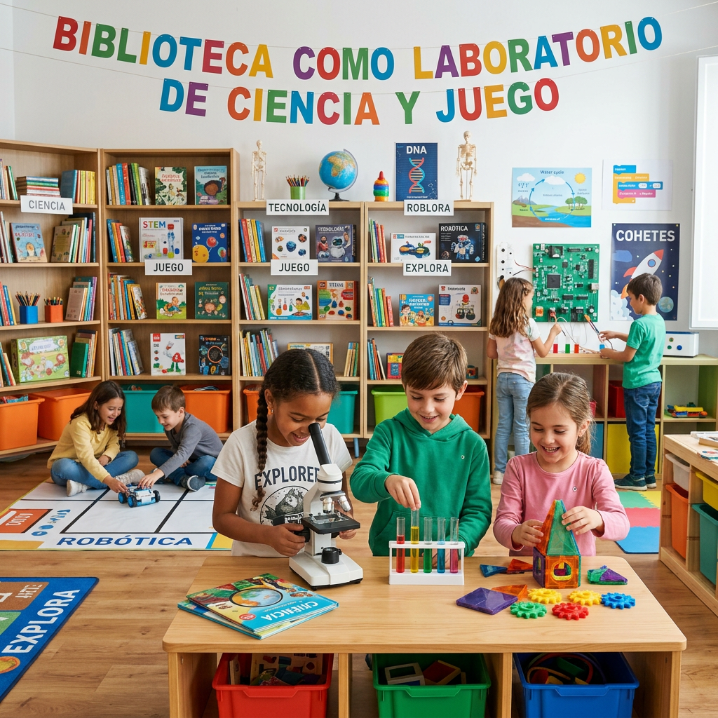 Children using microscope, test tubes, and building toys in a STEM learning space