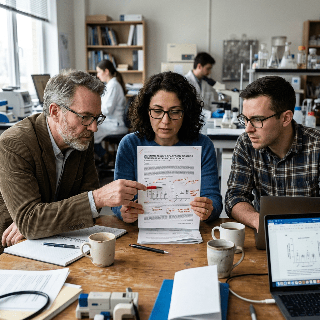 Three scientists discussing annotated research paper at wooden table in laboratory