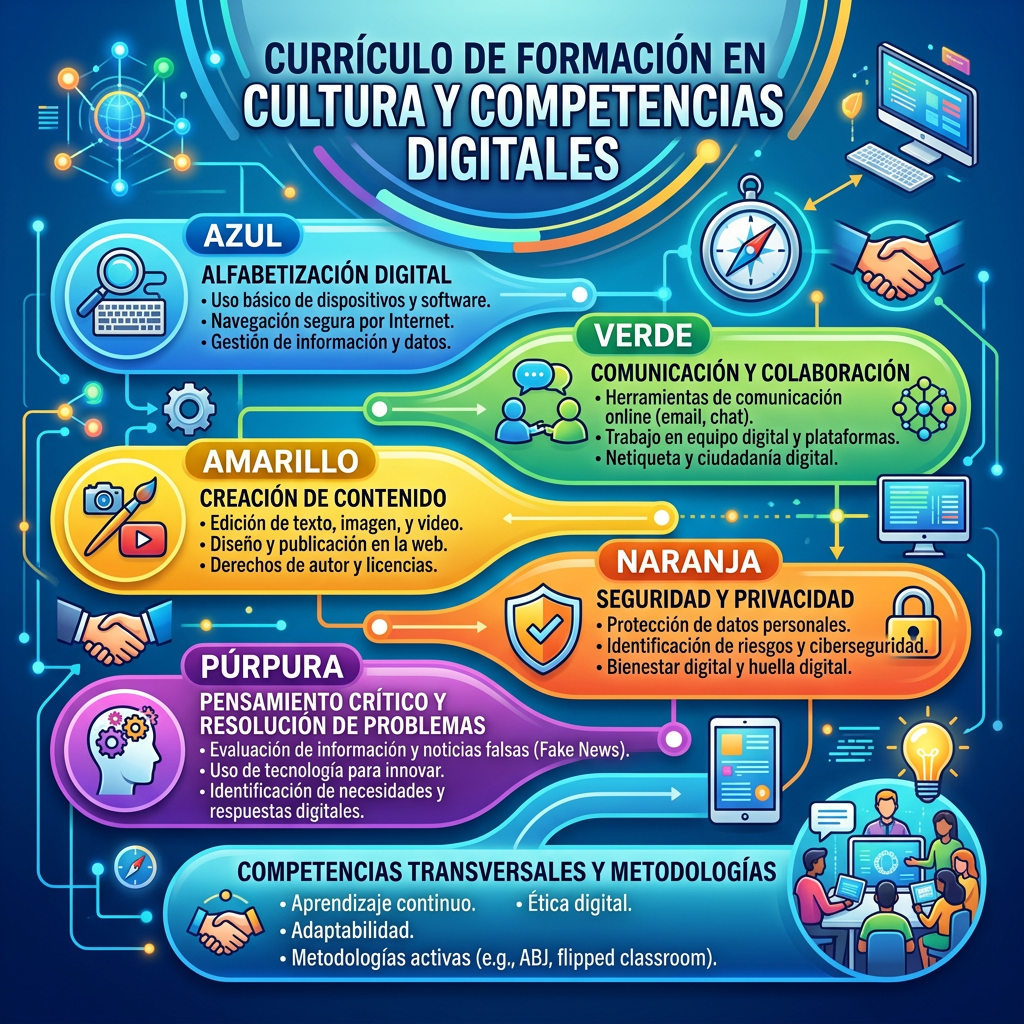 Currículo con cinco áreas de competencias digitales: alfabetización digital, comunicación y colaboración, creación de contenido, seguridad y privacidad, pensamiento crítico y resolución de problemas