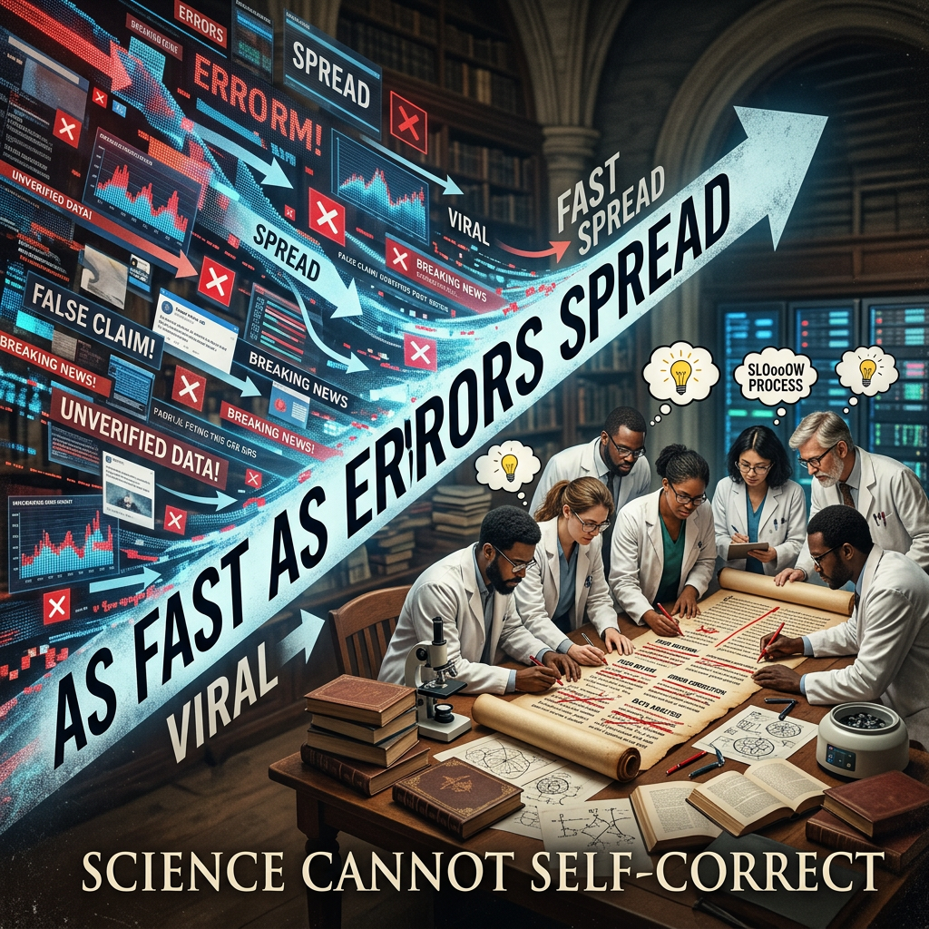 Scientists reviewing evidence beneath text reading “Science Cannot Self-Correct.”