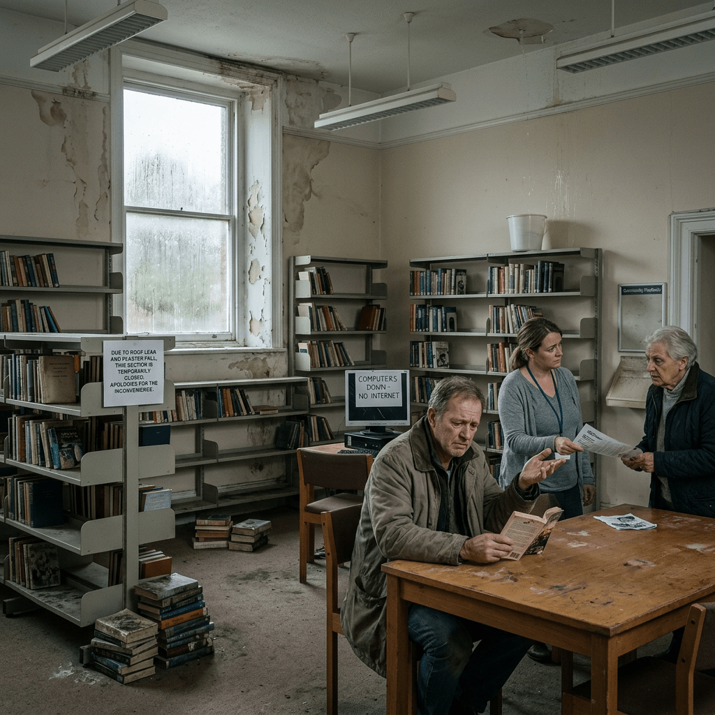 Damaged library with books, three people, and signs reading “temporarily closed” and “computers down—no internet.”