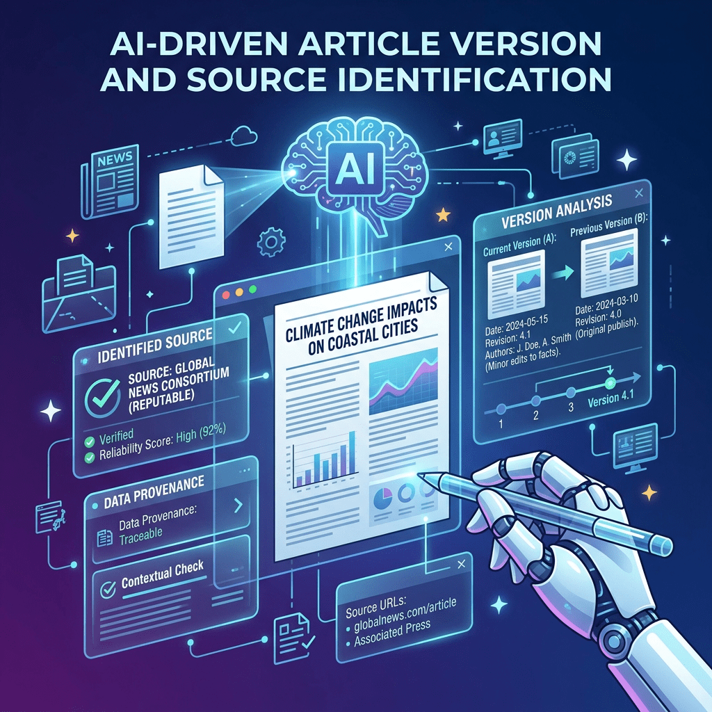 AI-driven article version and source identification with verified sources and revision analysis