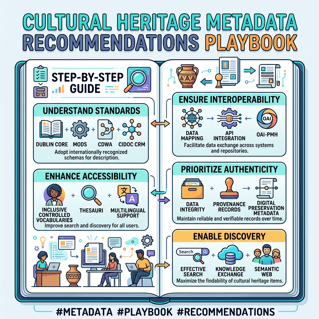 Cultural Heritage Metadata Recommendations Playbook infographic with standards, accessibility, interoperability, authenticity, and discovery guidance