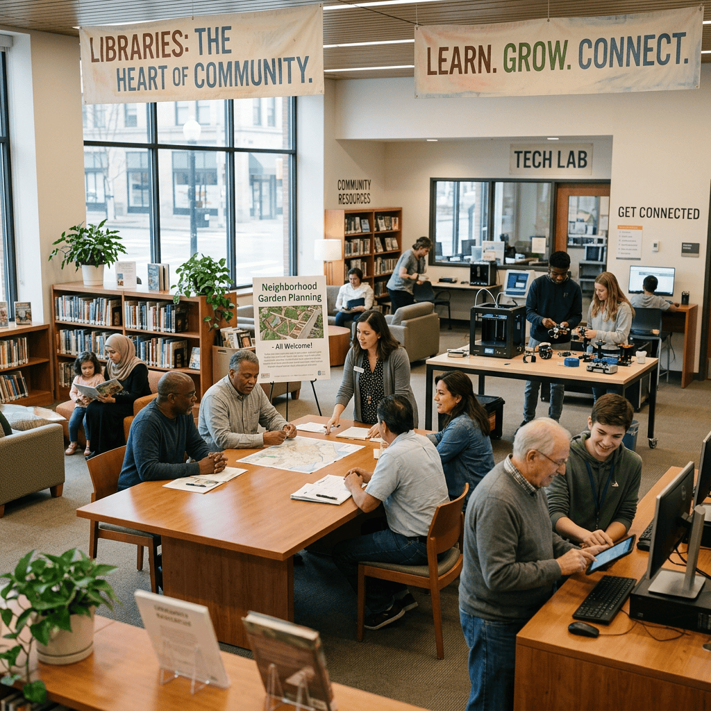 People learning, reading, and collaborating inside a community library