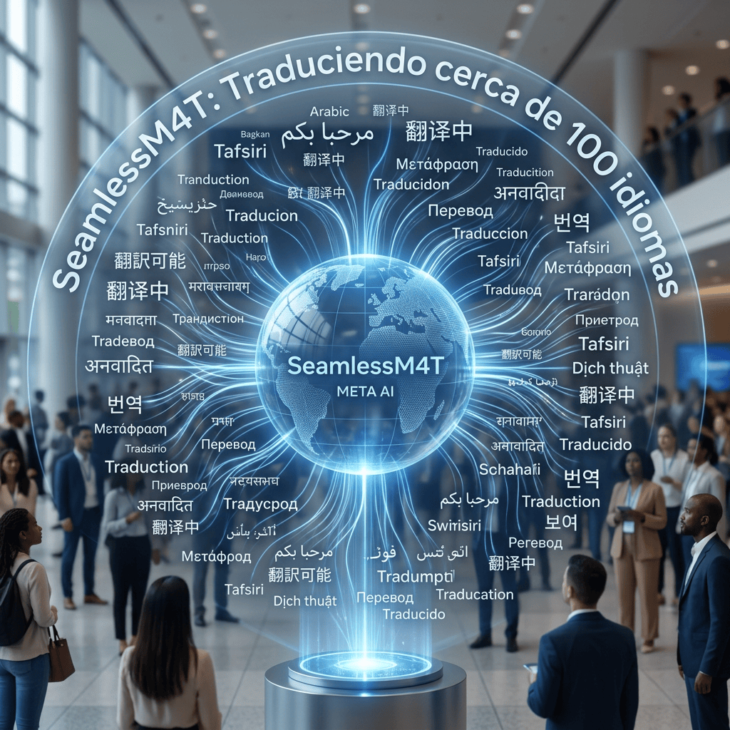 SeamlessM4T: Traduciendo cerca de 100 idiomas; glowing globe labeled SeamlessM4T META AI with multilingual translation terms
