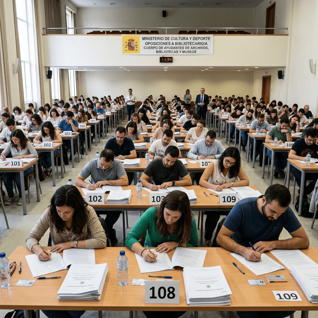 Candidates taking an exam beneath a Spanish Ministry examination sign