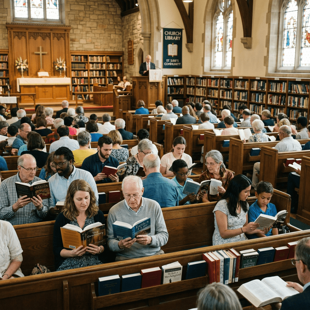 Congregation reading books inside a church library during a gathering