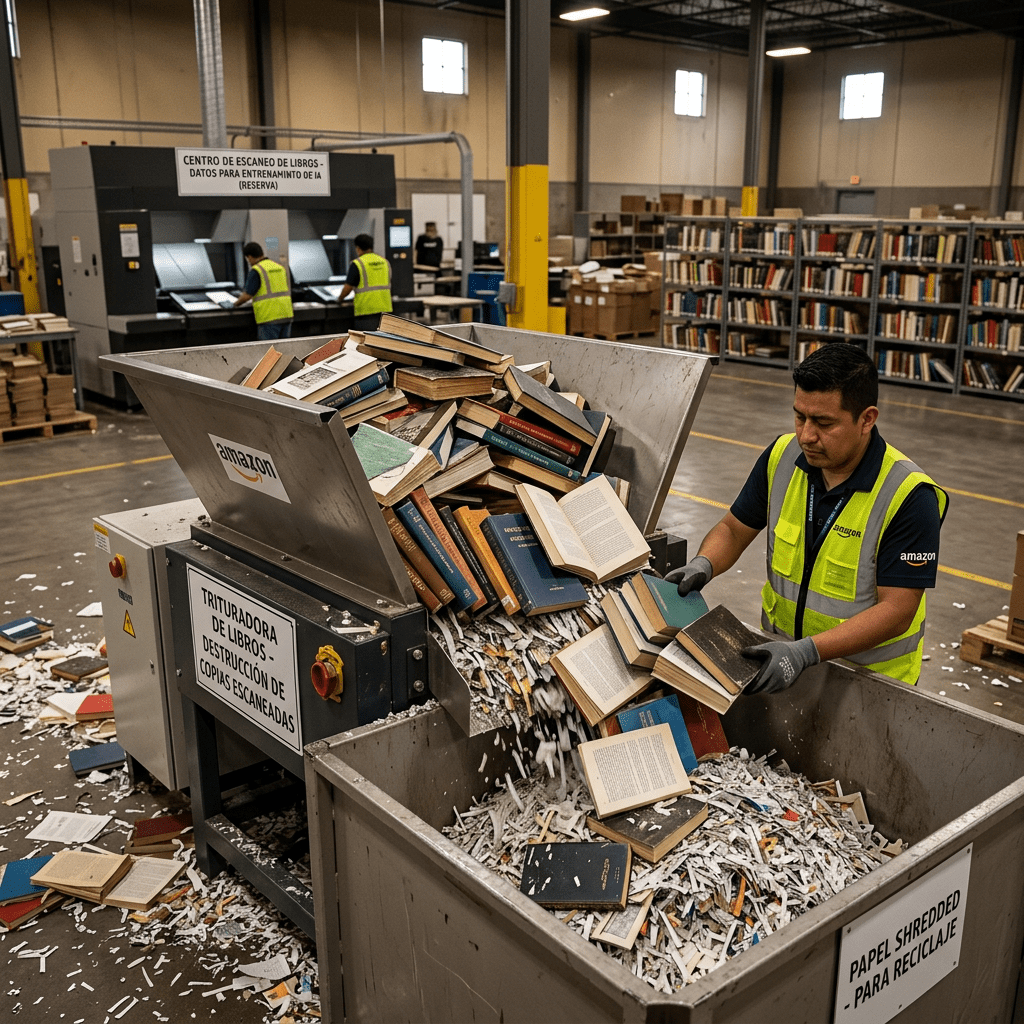Workers process books at scanners and a shredder labeled in Spanish for recycling.