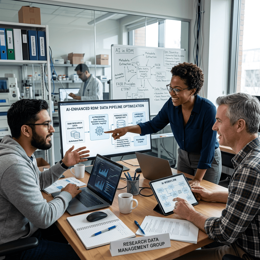 Three researchers discuss AI-enhanced research data management around screens labeled AI-enhanced RDM and AI workflow.
