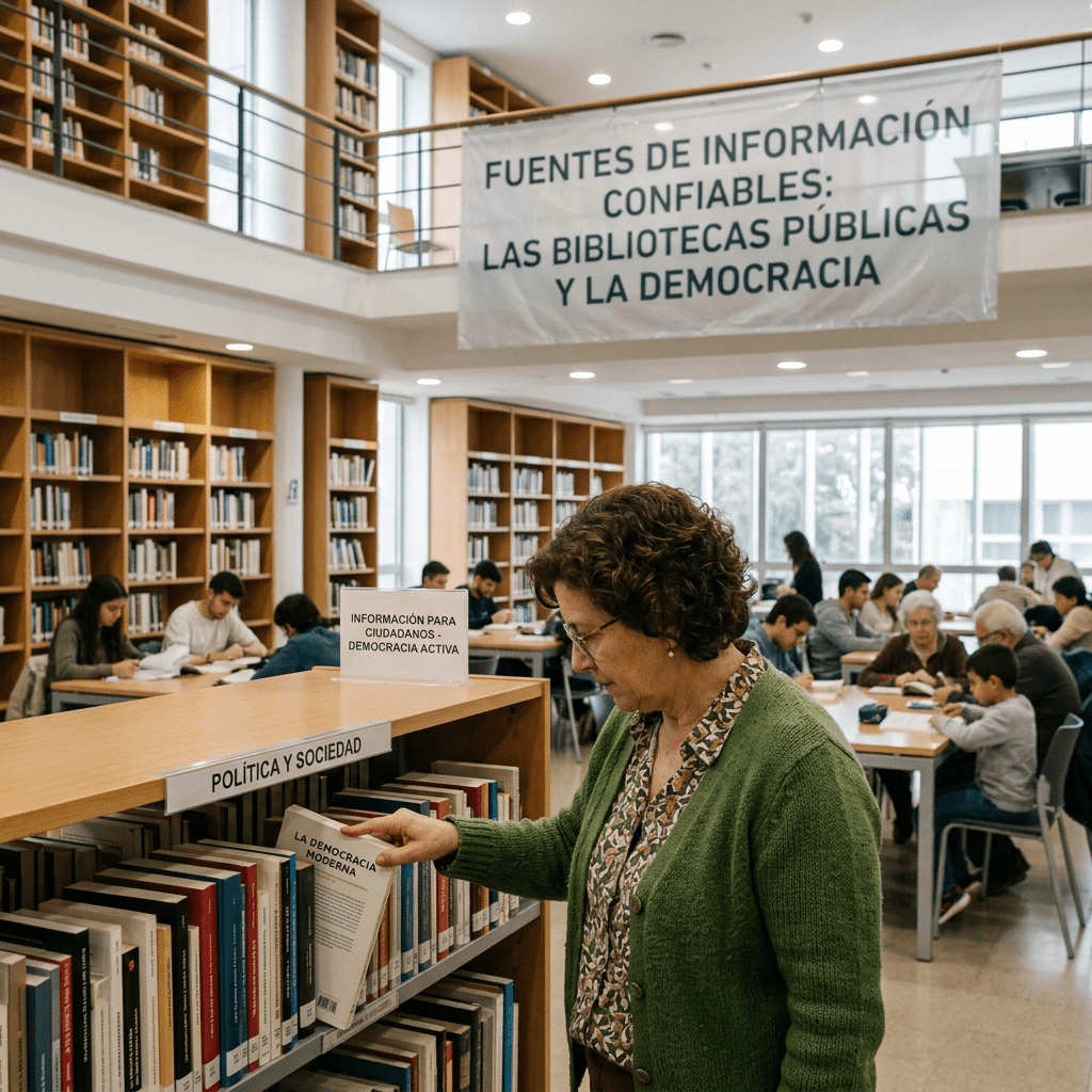 Woman selecting a book beneath a banner about libraries and democracy