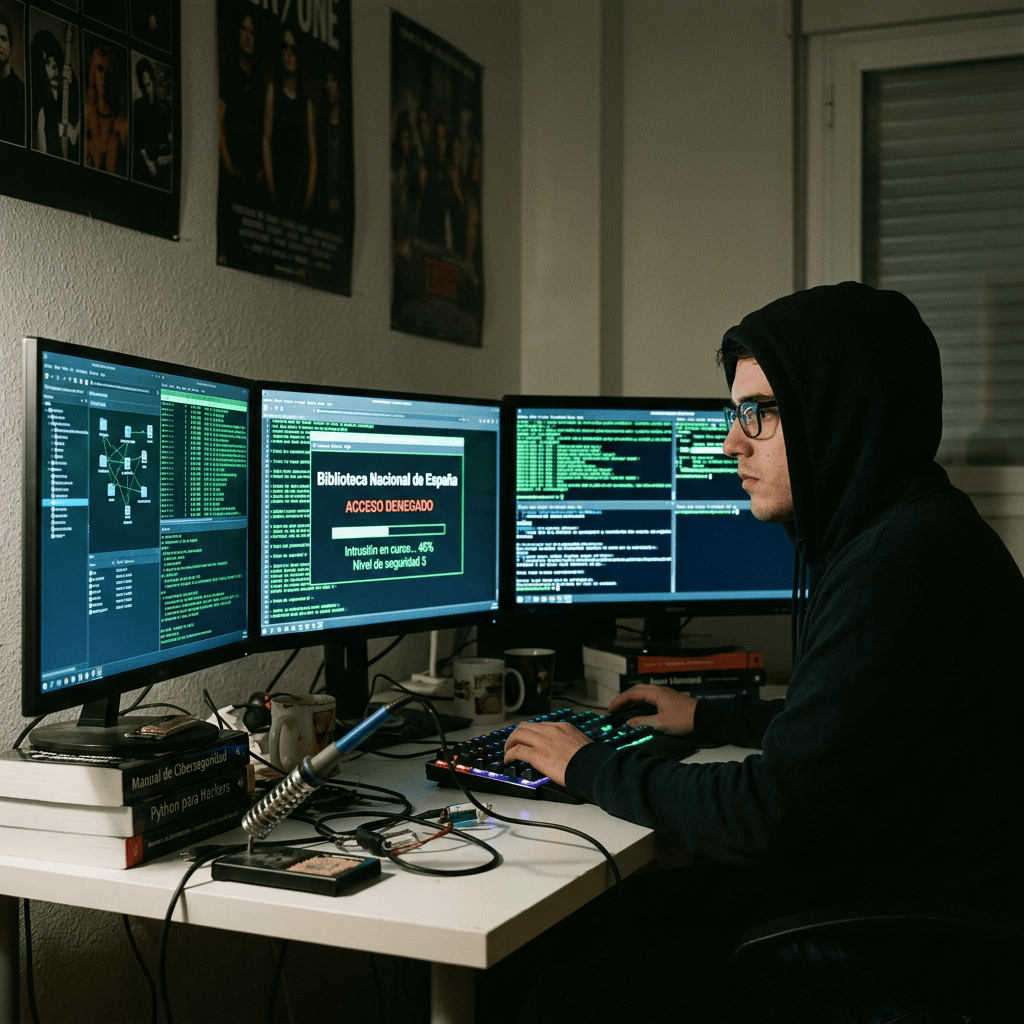 Hooded person at computer showing Spanish library access denied alert