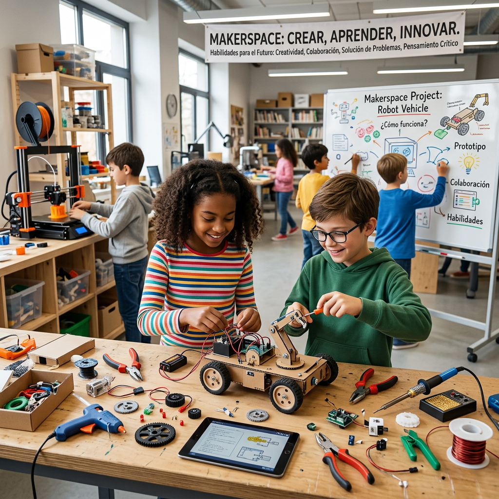 Children building a robot vehicle in a makerspace workshop