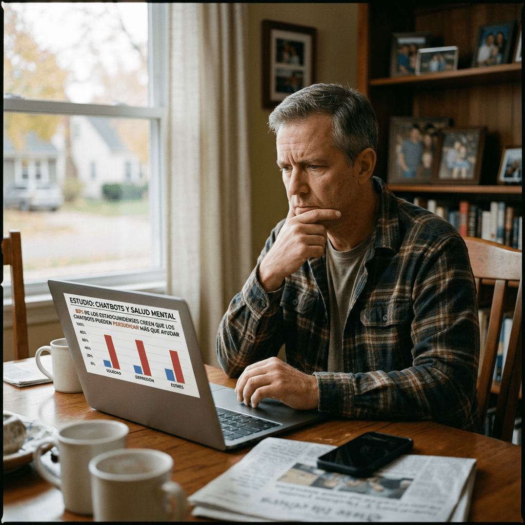 Man reviewing Spanish chart titled “Estudio: chatbots y salud mental” on laptop