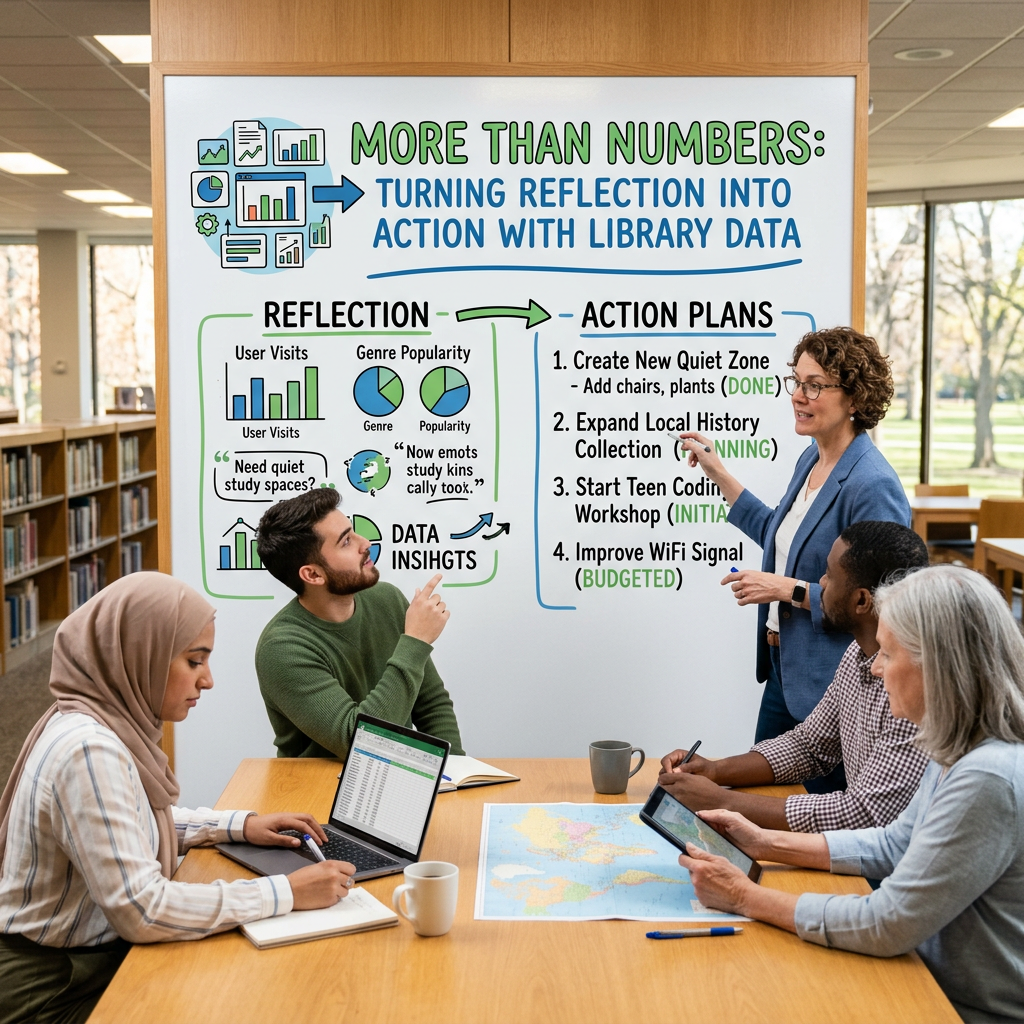 Poster reads “MORE THAN NUMBERS: TURNING REFLECTION INTO ACTION WITH LIBRARY DATA,” showing reflection insights and action plans: create quiet zone, expand local history collection, start teen coding workshop, improve WiFi signal.