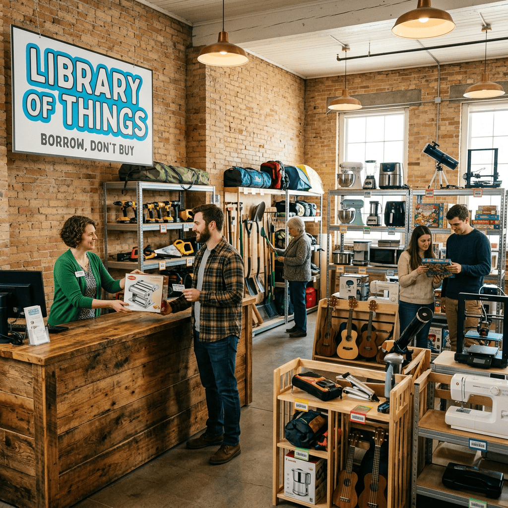 Community library displaying borrowable tools, appliances, instruments, and outdoor gear