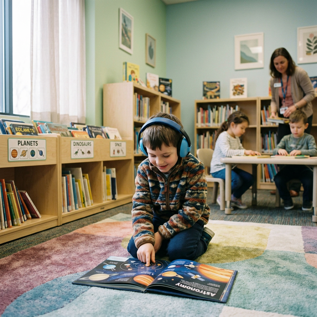 Child wearing headphones explores an astronomy book on a classroom rug