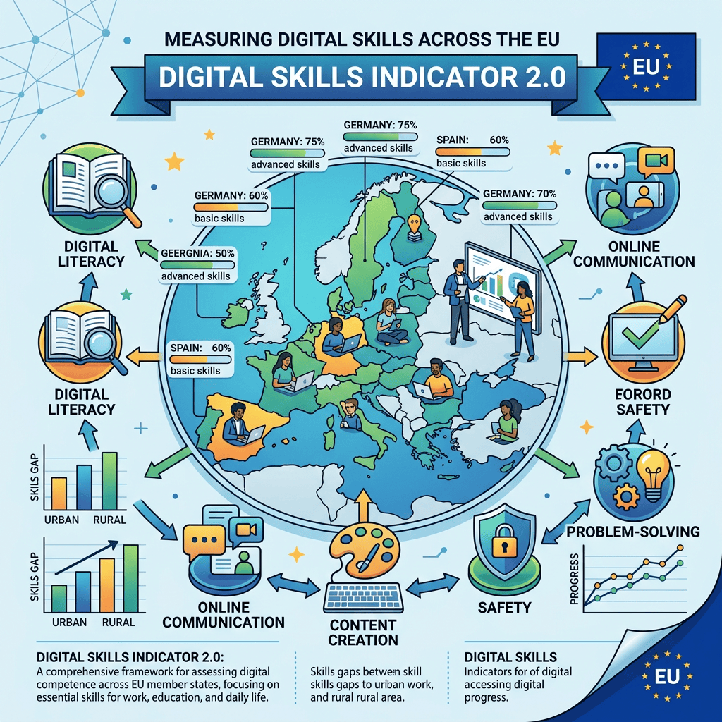 Infographic titled Digital Skills Indicator 2.0 mapping digital skills, gaps, and progress across the EU.