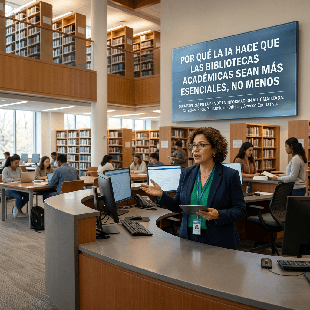 Bibliotecaria frente a pantalla con texto: POR QUÉ LA IA HACE QUE LAS BIBLIOTECAS ACADÉMICAS SEAN MÁS ESENCIALES, NO MENOS. GUÍA EXPERTA EN LA ERA DE LA INFORMACIÓN AUTOMATIZADA: Curación, Ética, Pensamiento Crítico y Acceso Equitativo.