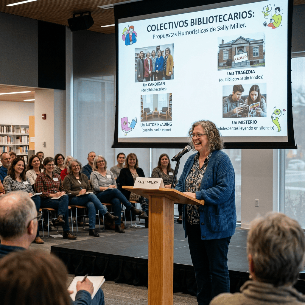 Sally Miller presents a Spanish-language library humor slideshow to an audience