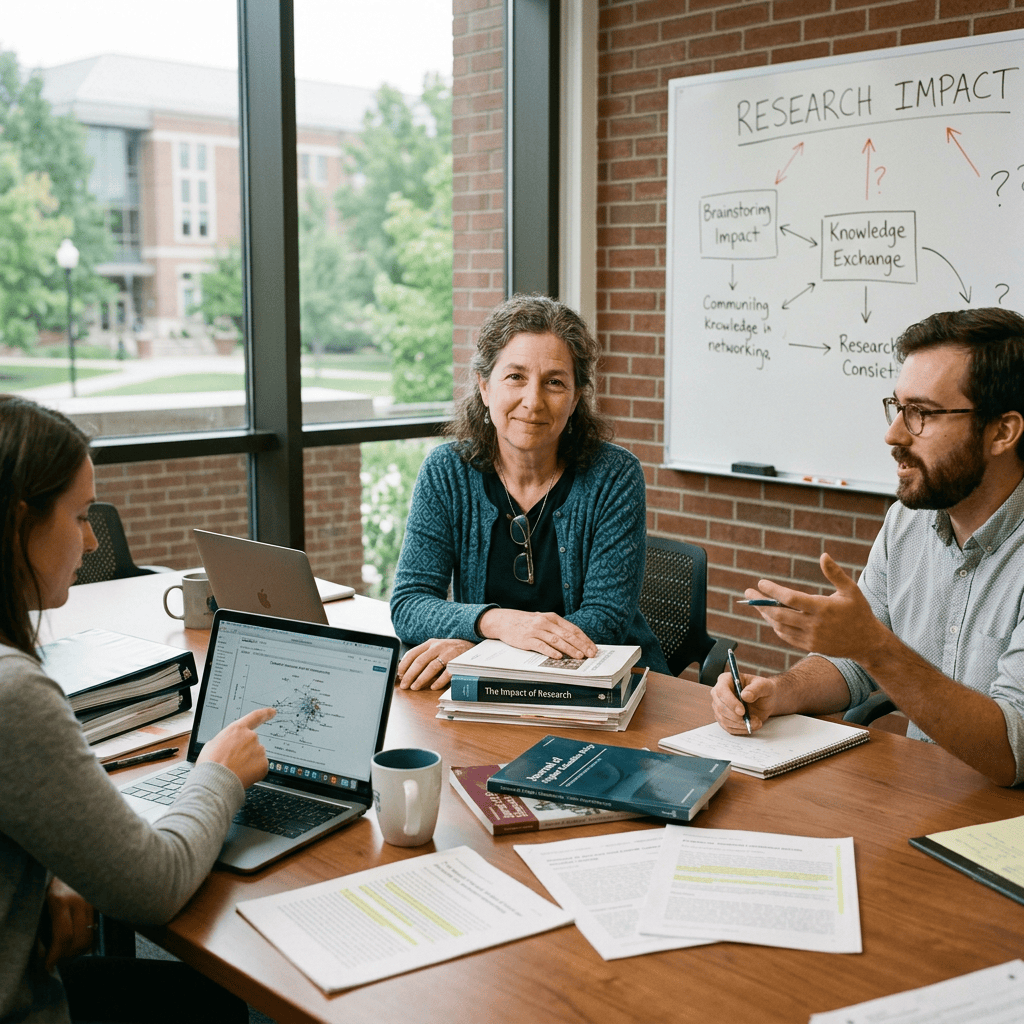Three researchers collaborating around a table beneath a research impact whiteboard