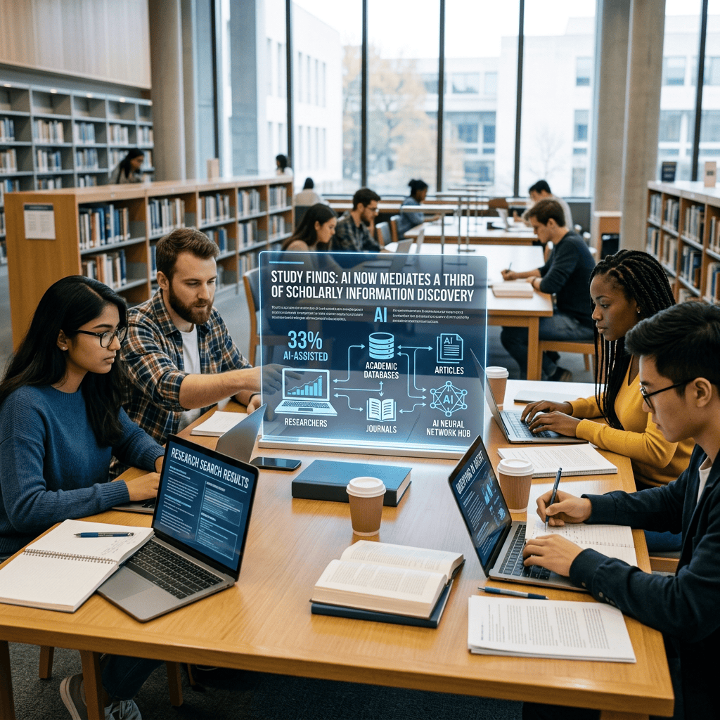 Students studying in a library beside graphic reading “STUDY FINDS: AI NOW MEDIATES A THIRD OF SCHOLARLY INFORMATION DISCOVERY,” “33% AI-ASSISTED,” and labels for academic databases, articles, researchers, journals, and an AI neural network hub.