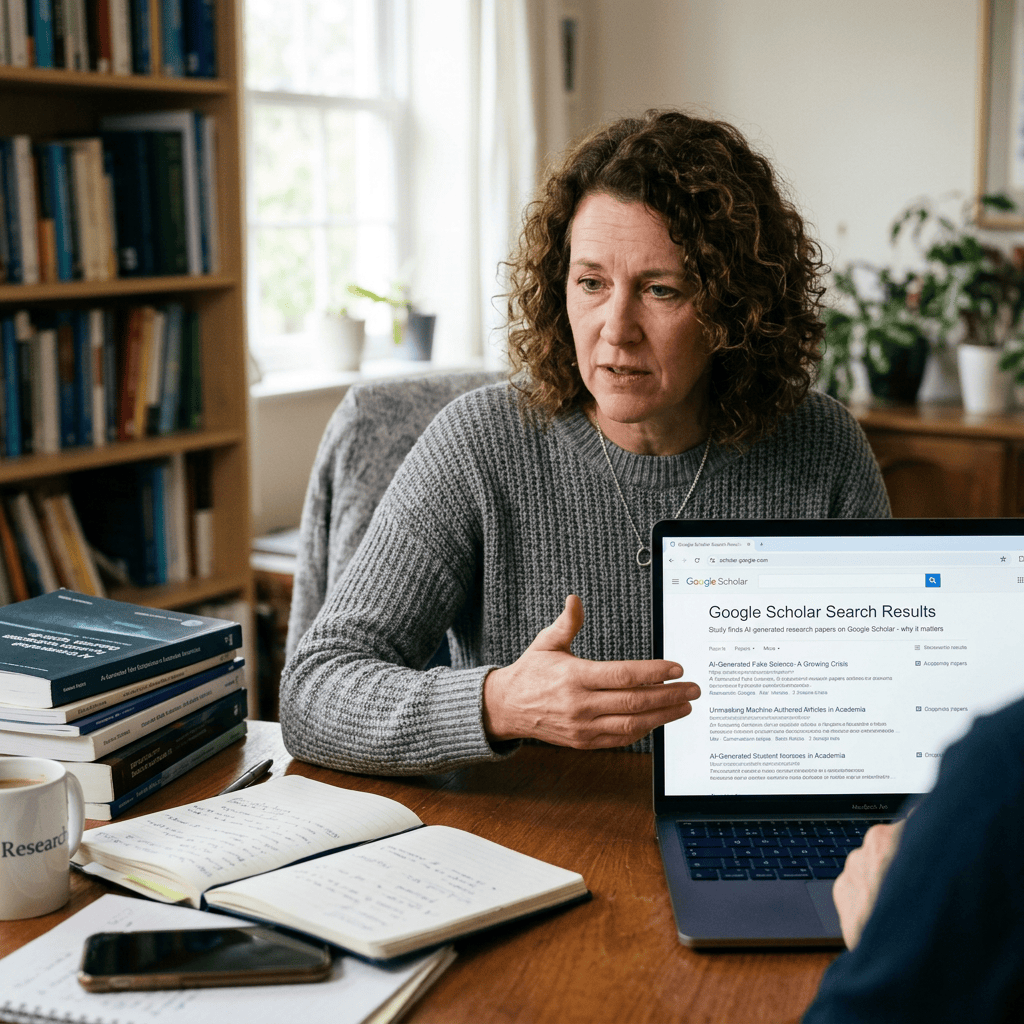 Researcher discussing Google Scholar results beside books, notes, and a laptop