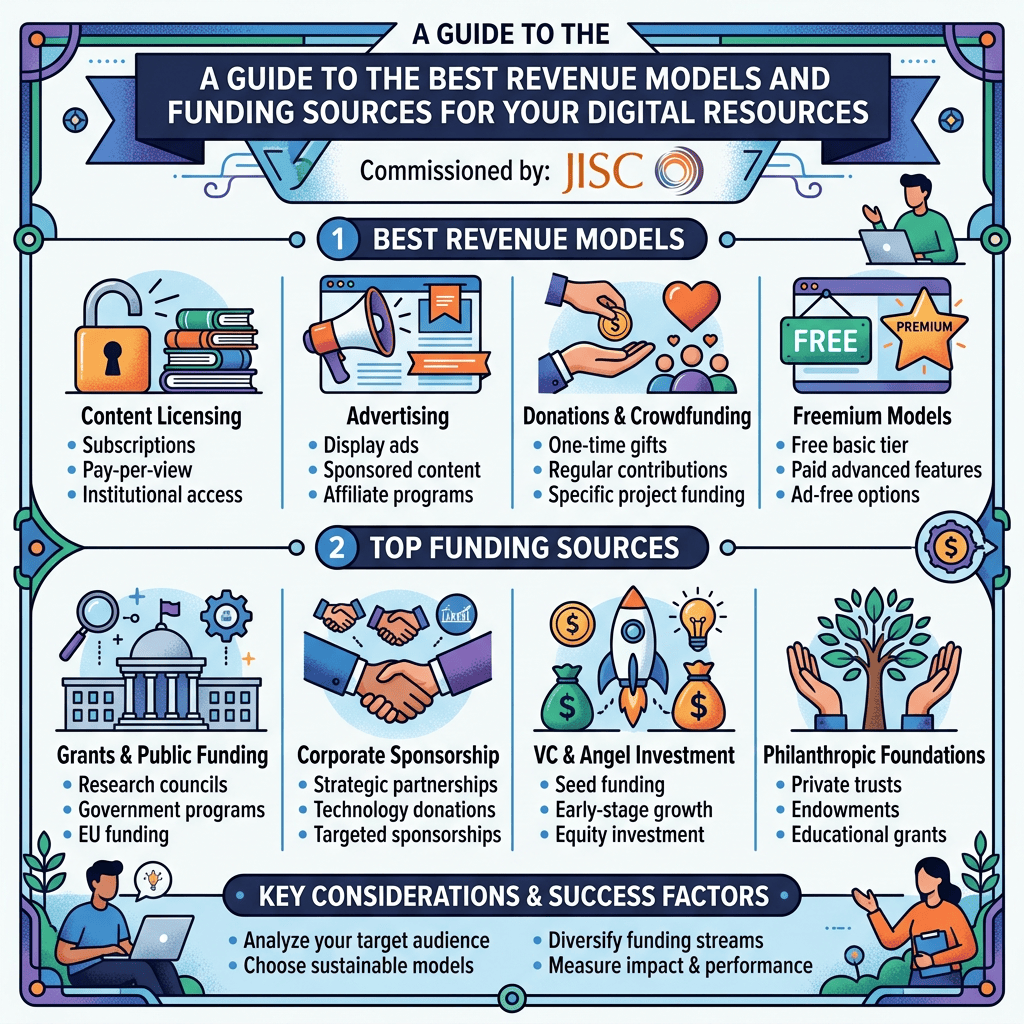 Infographic titled A Guide to the Best Revenue Models and Funding Sources for Your Digital Resources, commissioned by JISC, covering Content Licensing—Subscriptions, Pay-per-view, Institutional access; Advertising—Display ads, Sponsored content, Affiliate programs; Donations & Crowdfunding—One-time gifts, Regular contributions, Specific project funding; Freemium Models—Free basic tier, Paid advanced features, Ad-free options; Grants & Public Funding—Research councils, Government programs, EU funding; Corporate Sponsorship—Strategic partnerships, Technology donations, Targeted sponsorships; VC & Angel Investment—Seed funding, Early-stage growth, Equity investment; Philanthropic Foundations—Private trusts, Endowments, Educational grants; and Key Considerations & Success Factors—Analyze your target audience, Choose sustainable models, Diversify funding streams, Measure impact & performance.