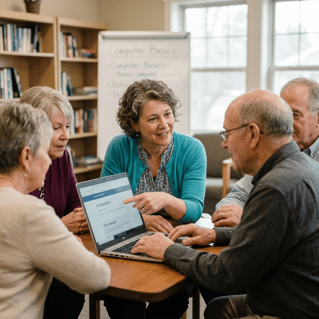 Instructor teaching older adults computer basics around a laptop
