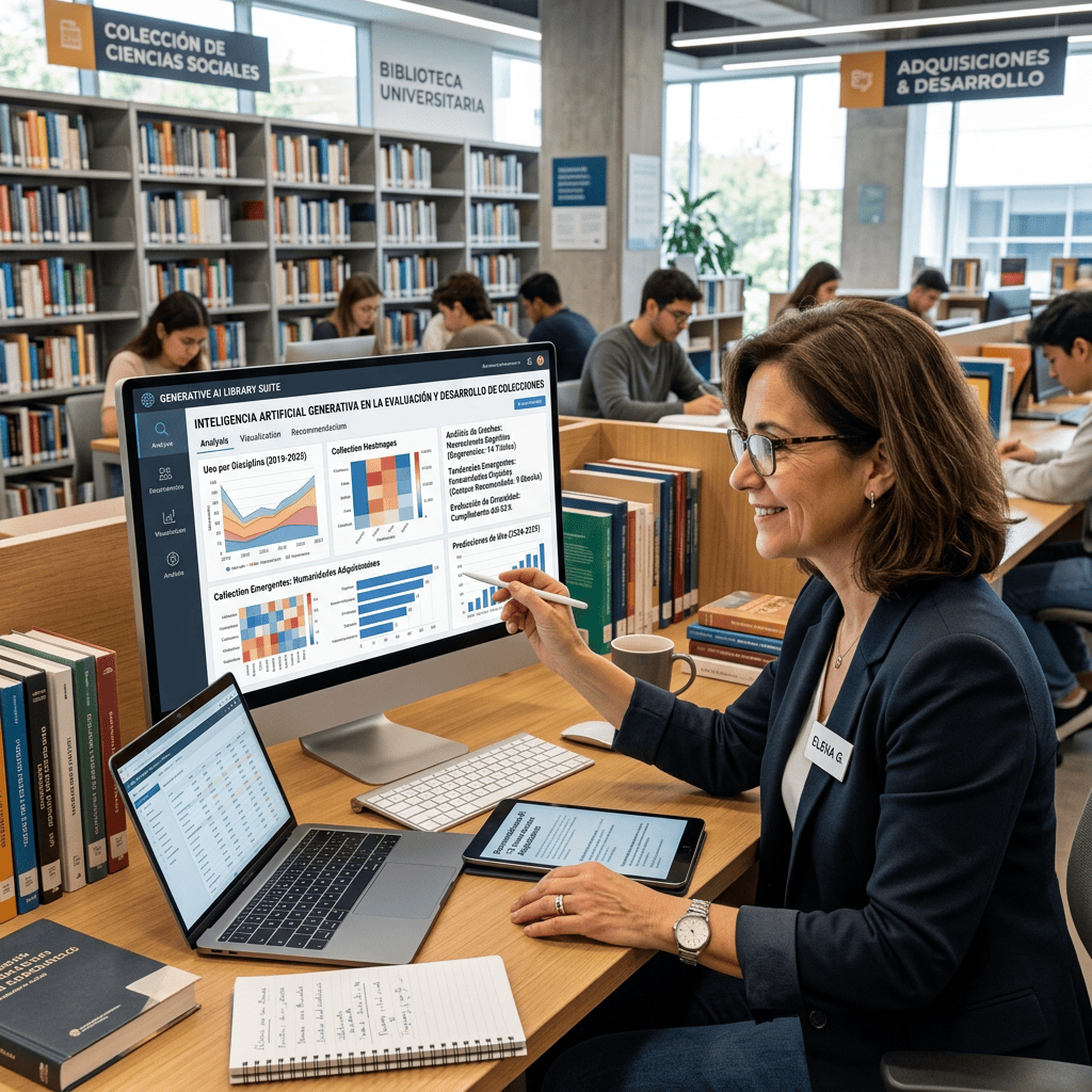 Librarian reviewing AI collection analytics on a computer in a university library