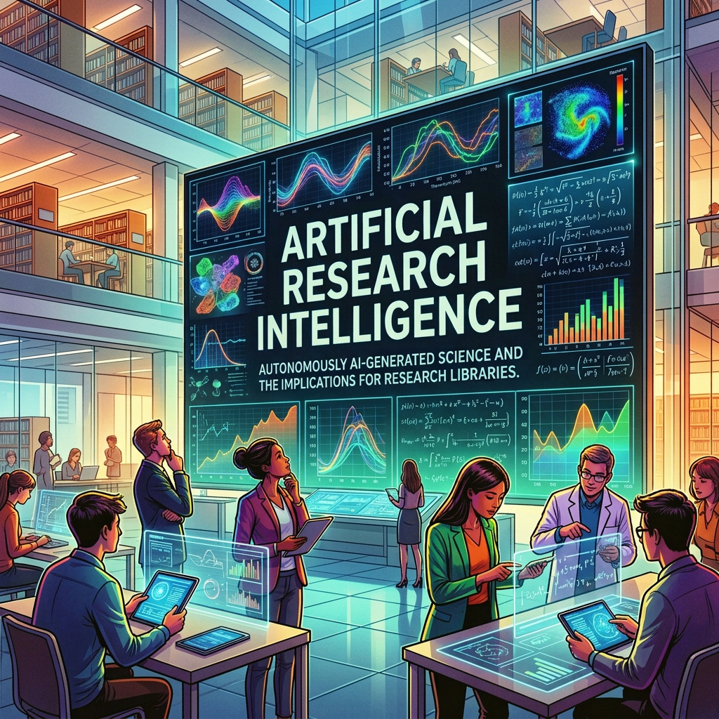 Display reading “ARTIFICIAL RESEARCH INTELLIGENCE” and “AUTONOMOUSLY AI-GENERATED SCIENCE AND THE IMPLICATIONS FOR RESEARCH LIBRARIES,” surrounded by charts and researchers.