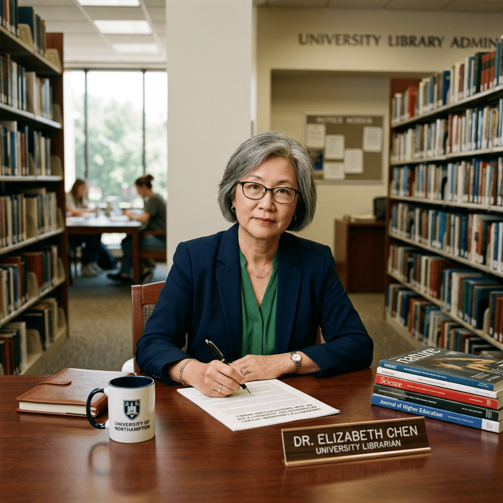 Dr. Elizabeth Chen, university librarian, writing at a desk in a library