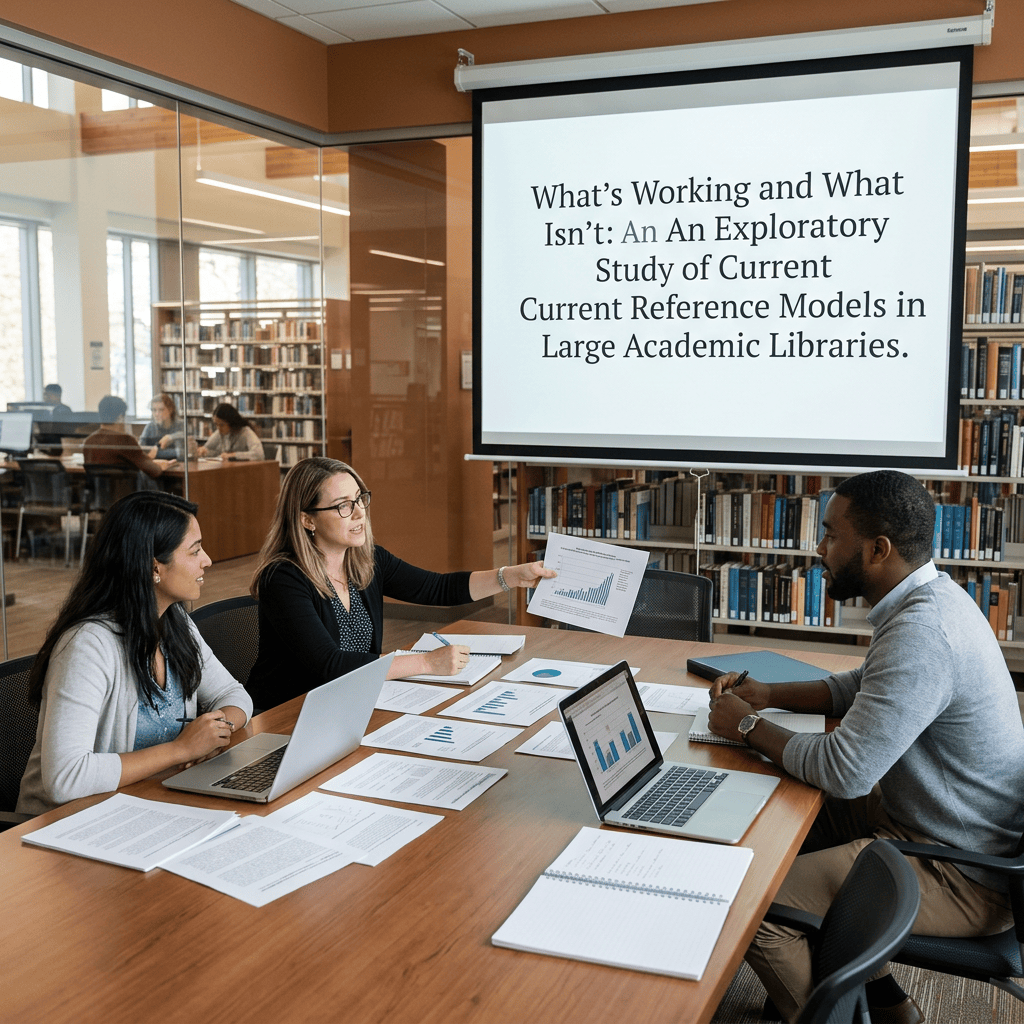 Researchers reviewing documents beneath a slide titled “What’s Working and What Isn’t: An Exploratory Study of Current Current Reference Models in Large Academic Libraries.”