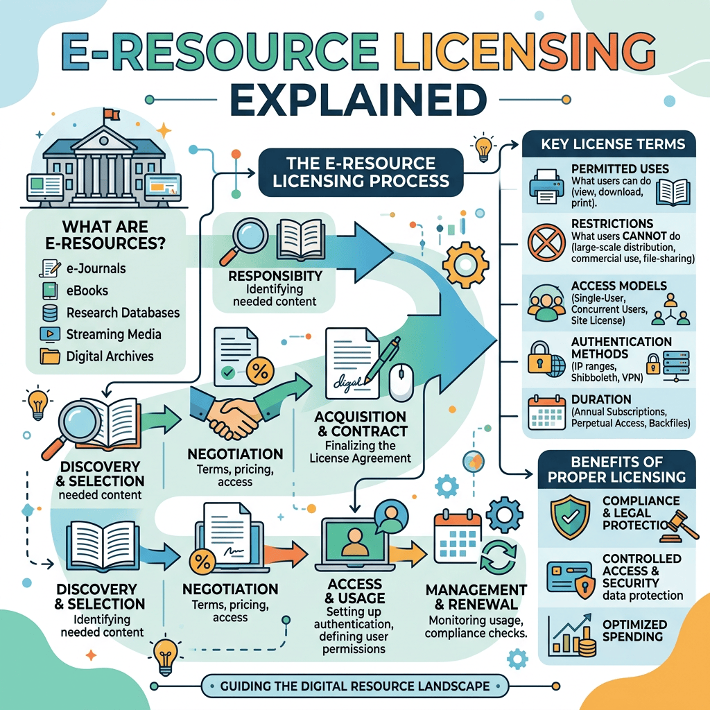Infographic explaining e-resource licensing, including selection, negotiation, access, renewal, terms, and benefits.