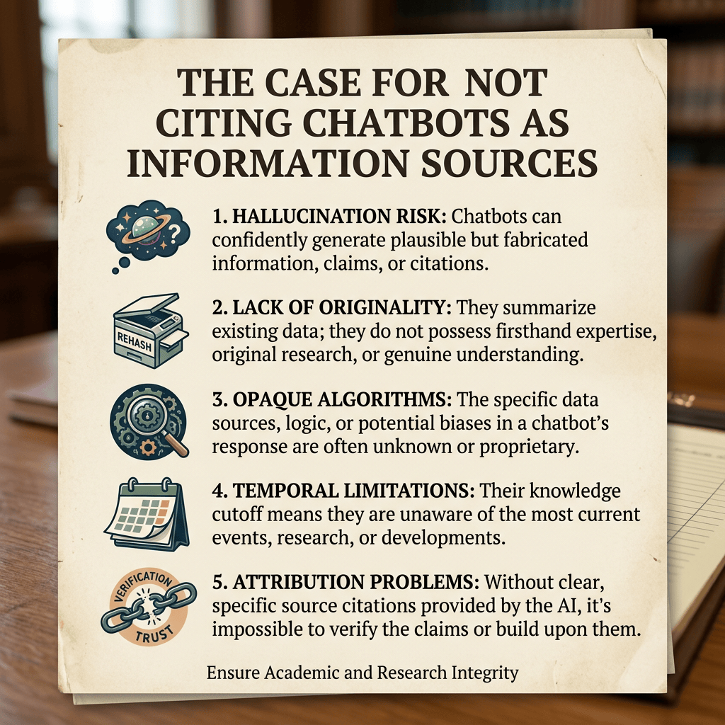 The Case for Not Citing Chatbots as Information Sources: 1. Hallucination Risk: Chatbots can confidently generate plausible but fabricated information, claims, or citations. 2. Lack of Originality: They summarize existing data; they do not possess firsthand expertise, original research, or genuine understanding. 3. Opaque Algorithms: The specific data sources, logic, or potential biases in a chatbot’s response are often unknown or proprietary. 4. Temporal Limitations: Their knowledge cutoff means they are unaware of the most current events, research, or developments. 5. Attribution Problems: Without clear, specific source citations provided by the AI, it’s impossible to verify the claims or build upon them. Ensure Academic and Research Integrity.