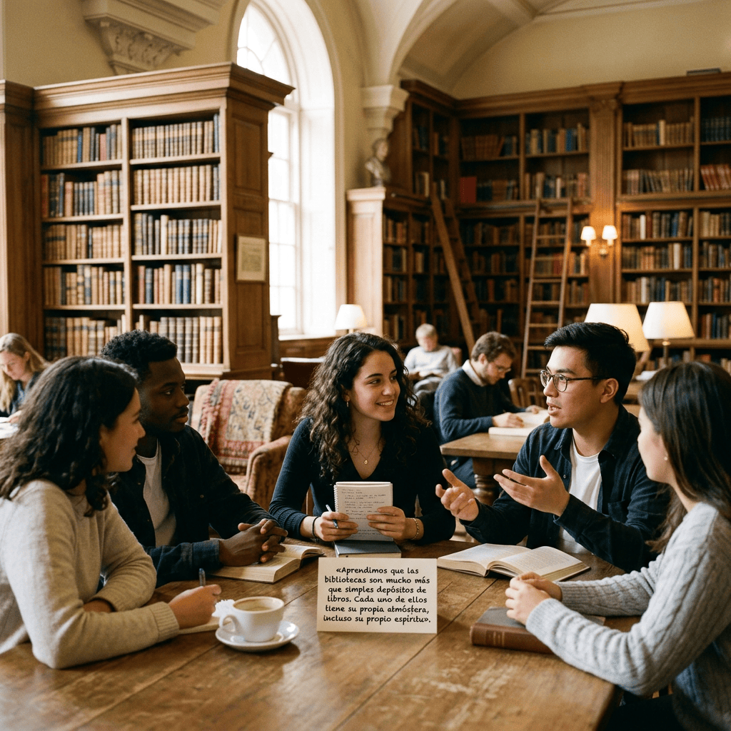 Students studying around a library table; sign reads, “Aprendimos que las bibliotecas son mucho más que simples depósitos de libros. Cada uno de ellos tiene su propia atmósfera, incluso su propio espíritu.”