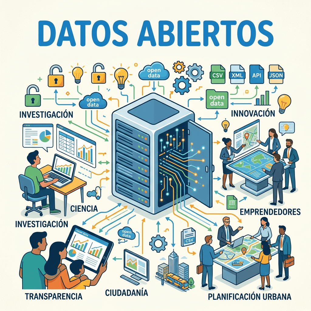 Infografía titulada “DATOS ABIERTOS” con investigación, innovación, ciencia, emprendedores, transparencia, ciudadanía y planificación urbana; incluye open data, CSV, XML, API y JSON.